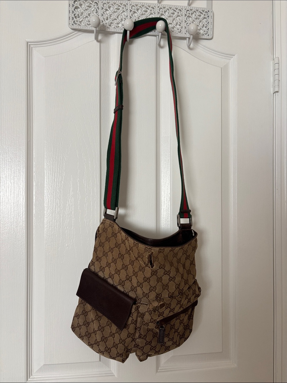 Gucci Brown Monogram Messenger Bag with Green-Red Web Strap